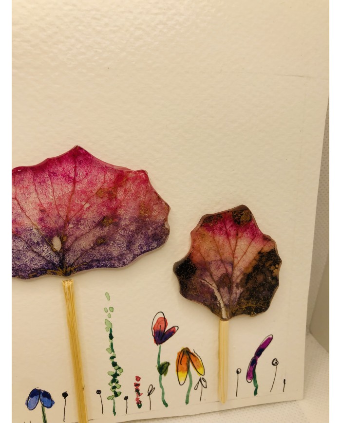 Ilustración pintada a mano con hoja natural esqueletizada