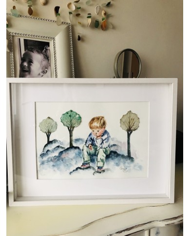 Cuadro con ilustración pintada a mano y hoja natural esqueletizada