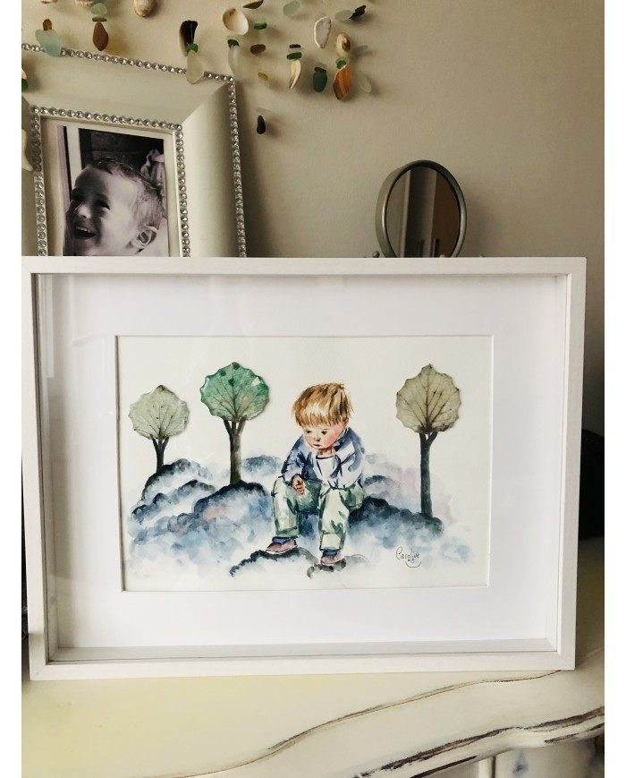 Cuadro con ilustración pintada a mano y hoja natural esqueletizada