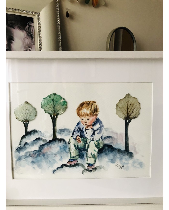 Cuadro con ilustración pintada a mano y hoja natural esqueletizada