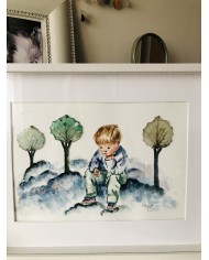 Cuadro con ilustración pintada a mano y hoja natural esqueletizada