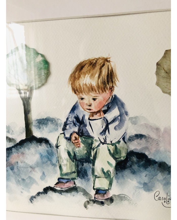 Cuadro con ilustración pintada a mano y hoja natural esqueletizada