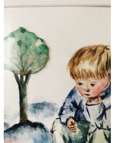 Cuadro con ilustración pintada a mano y hoja natural esqueletizada