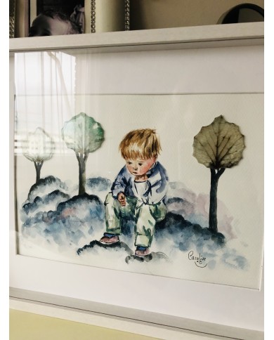 Cuadro con ilustración pintada a mano y hoja natural esqueletizada