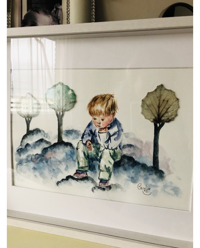 Cuadro con ilustración pintada a mano y hoja natural esqueletizada