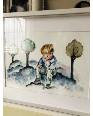 Cuadro con ilustración pintada a mano y hoja natural esqueletizada