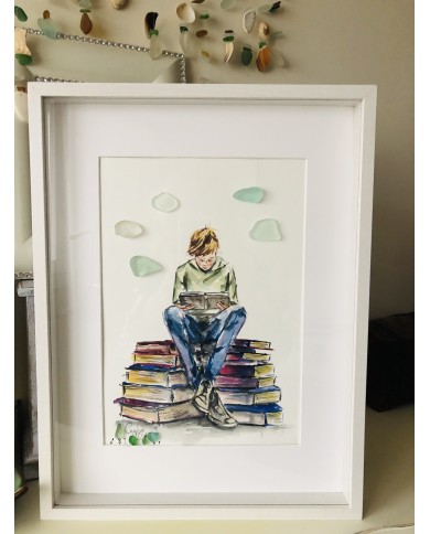 Cuadro con ilustración pintada con acuarelas y cristal marino