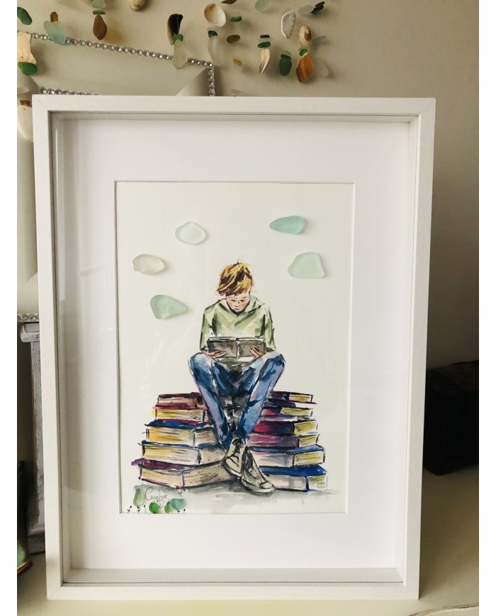 Cuadro con ilustración pintada con acuarelas y cristal marino