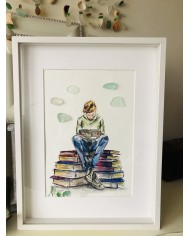 Cuadro con ilustración pintada con acuarelas y cristal marino