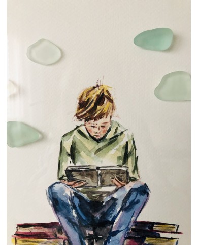 Cuadro con ilustración pintada con acuarelas y cristal marino