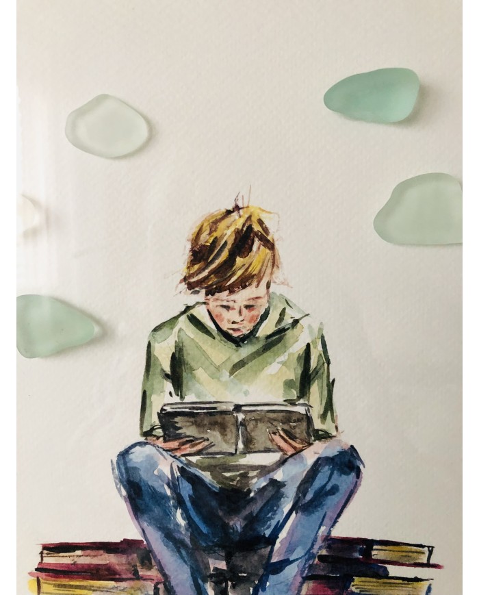 Cuadro con ilustración pintada con acuarelas y cristal marino