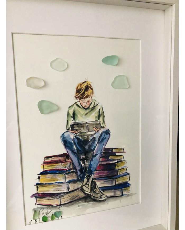 Cuadro con ilustración pintada con acuarelas y cristal marino