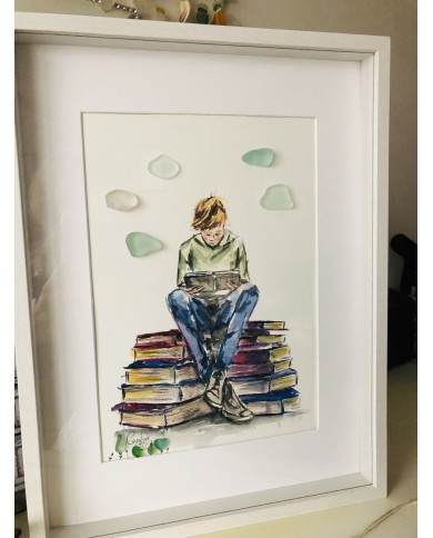 Cuadro con ilustración pintada con acuarelas y cristal marino