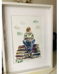 Cuadro con ilustración pintada con acuarelas y cristal marino