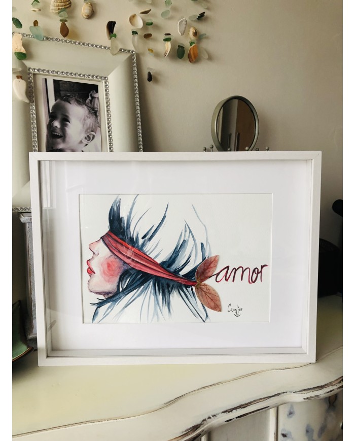 Cuadro con ilustración pintada a mano con hoja natural