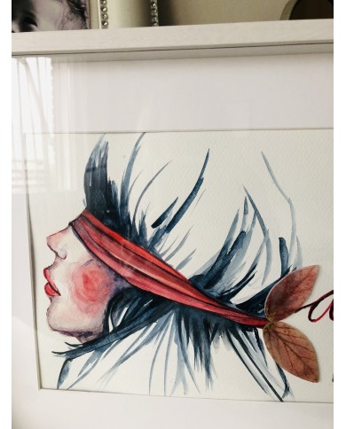 Cuadro con ilustración pintada a mano con hoja natural