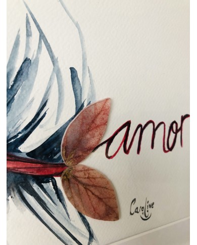 Cuadro con ilustración pintada a mano con hoja natural