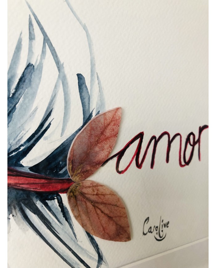 Cuadro con ilustración pintada a mano con hoja natural