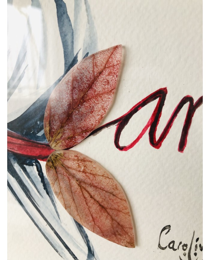 Cuadro con ilustración pintada a mano con hoja natural