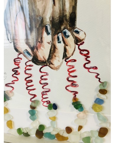 Cuadro con ilustración pintada con acuarelas y cristal marino