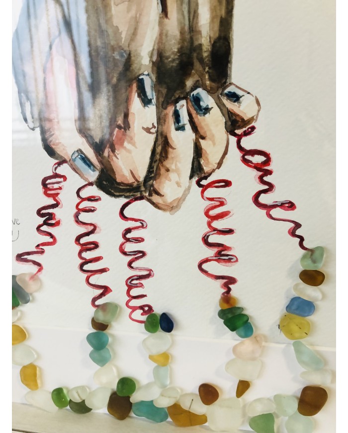 Cuadro con ilustración pintada con acuarelas y cristal marino