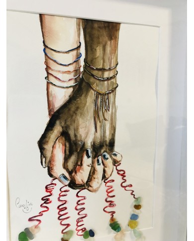 Cuadro con ilustración pintada con acuarelas y cristal marino