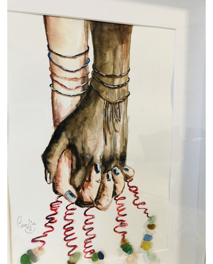 Cuadro con ilustración pintada con acuarelas y cristal marino