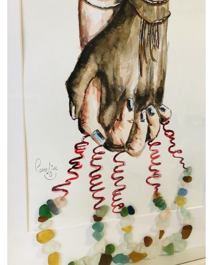 Cuadro con ilustración pintada con acuarelas y cristal marino