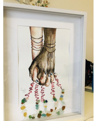 Cuadro con ilustración pintada con acuarelas y cristal marino