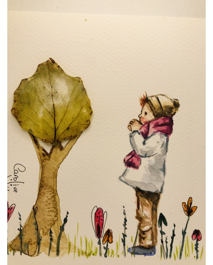 Ilustración pintada a mano con acuarelas y hoja natural