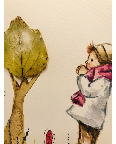Ilustración pintada a mano con acuarelas y hoja natural