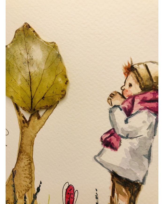 Ilustración pintada a mano con acuarelas y hoja natural