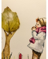 Ilustración pintada a mano con acuarelas y hoja natural