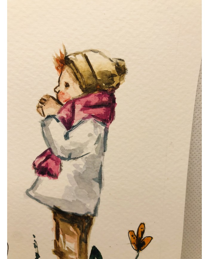 Ilustración pintada a mano con acuarelas y hoja natural