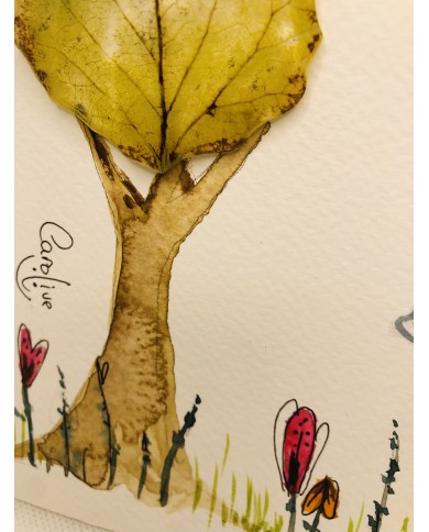 Ilustración pintada a mano con acuarelas y hoja natural