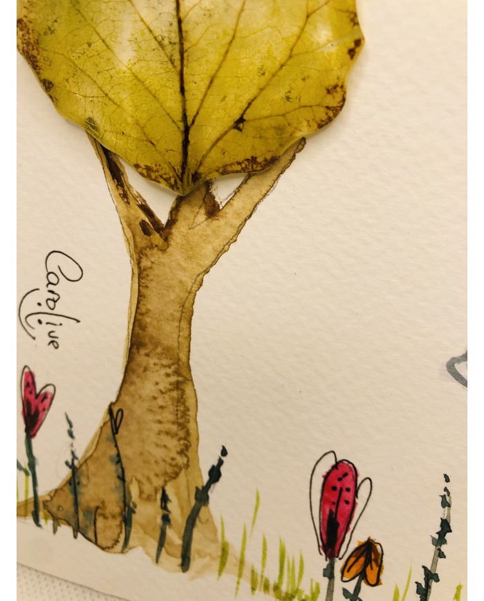 Ilustración pintada a mano con acuarelas y hoja natural