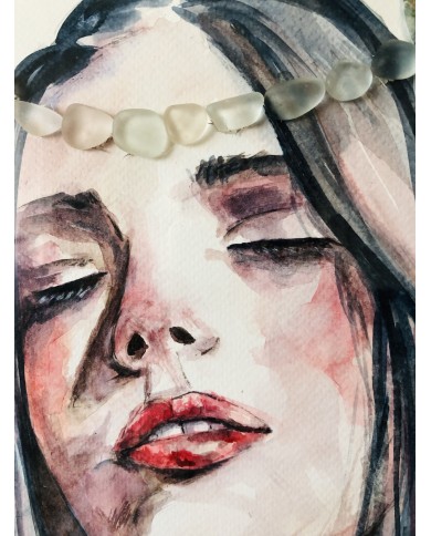 Cuadro con ilustración pintada con acuarelas, cristal marino y hoja natural