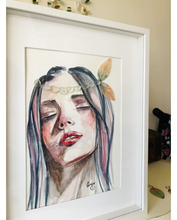 Cuadro con ilustración pintada con acuarelas, cristal marino y hoja natural