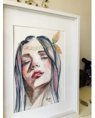 Cuadro con ilustración pintada con acuarelas, cristal marino y hoja natural