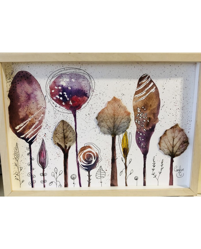 Ilustración pintada a mano con hoja natural esqueletizada