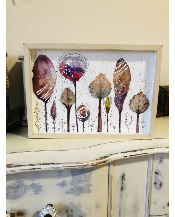 Ilustración pintada a mano con hoja natural esqueletizada