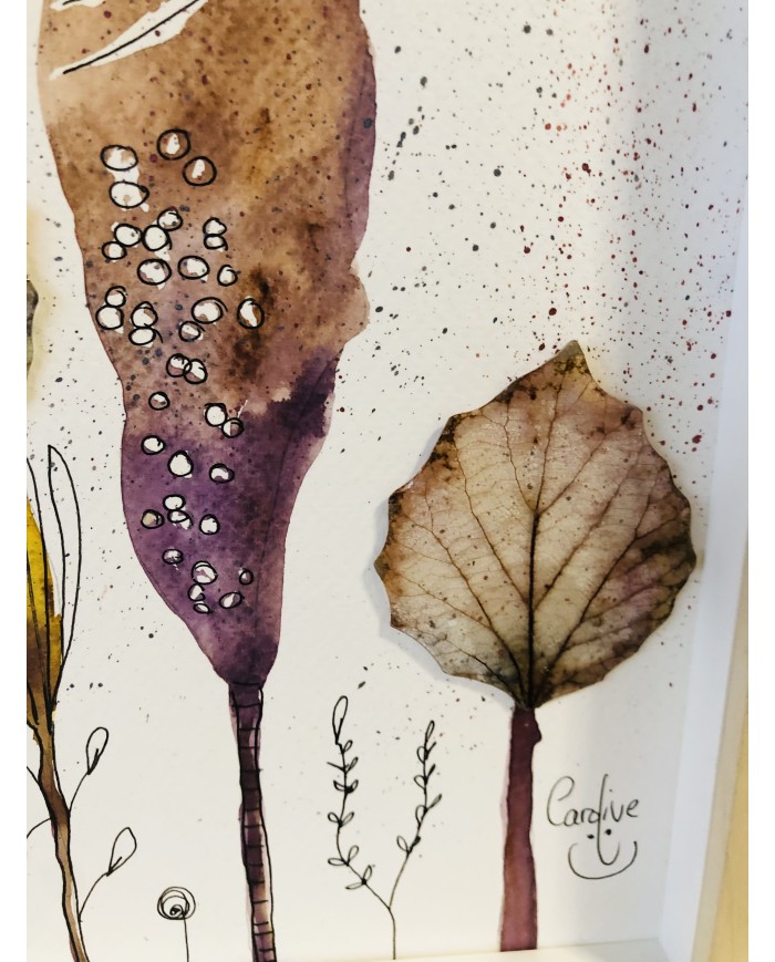 Ilustración pintada a mano con hoja natural esqueletizada