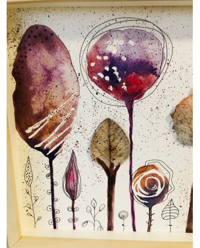 Ilustración pintada a mano con hoja natural esqueletizada