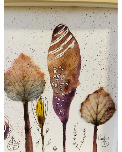 Ilustración pintada a mano con hoja natural esqueletizada