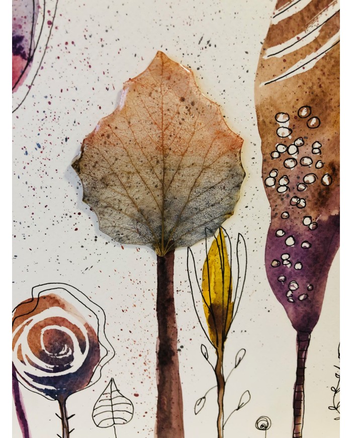 Ilustración pintada a mano con hoja natural esqueletizada