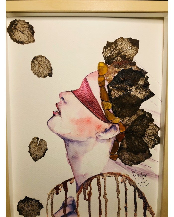 Ilustración pintada a mano con acuarelas y hoja natural