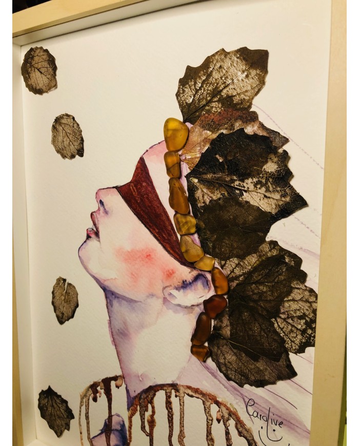 Ilustración pintada a mano con acuarelas y hoja natural