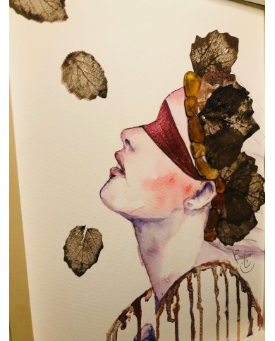 Ilustración pintada a mano con acuarelas y hoja natural