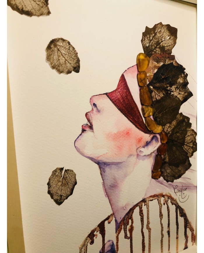 Ilustración pintada a mano con acuarelas y hoja natural