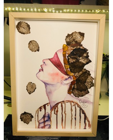 Ilustración pintada a mano con acuarelas y hoja natural